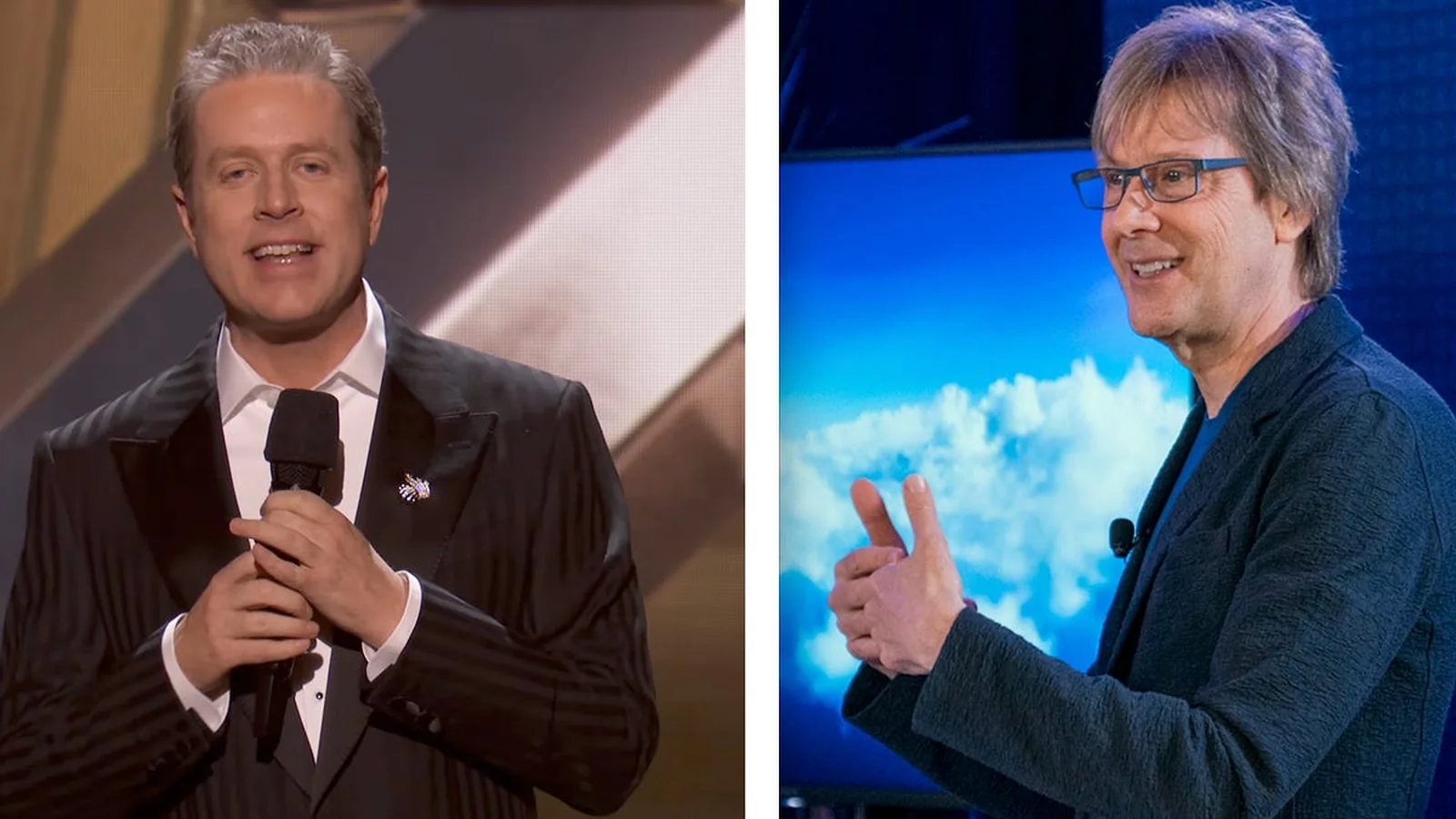 Composite editorial image showing Geoff Keighley and Mark Cerny, the two founders of the Nova Games Foundation