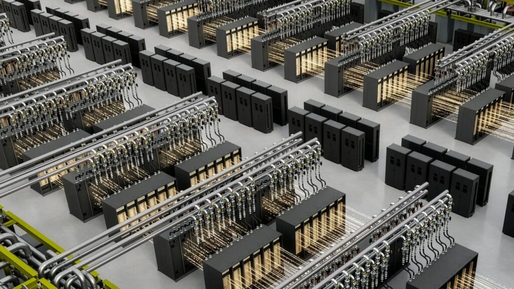 NVIDIA Says DSX MaxLPS Boosts AI Token Throughput by 24% Official NVIDIA visualization of a large liquid-cooled AI factory filled with rows of GPU racks and supporting