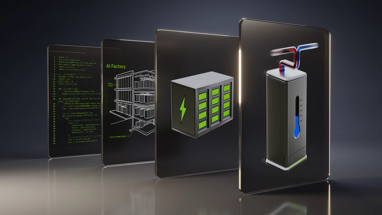 NVIDIA DSX Ready artwork showing AI factory infrastructure, battery storage and liquid cooling