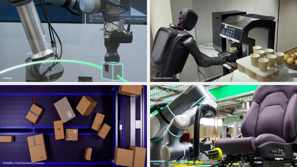 NVIDIA Isaac ROS 5.0 Adds Agentic Robotics Development Tools Four-panel NVIDIA Isaac ROS collage showing industrial robot arms, a humanoid robot serving coffee, warehouse packages