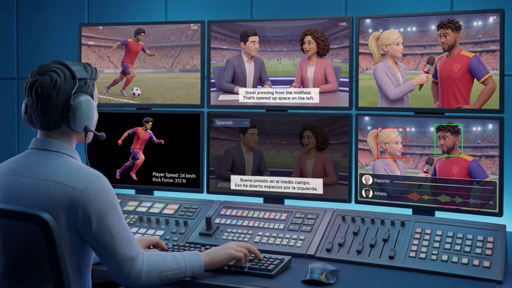 NVIDIA Expands Real-Time AI Tools for Broadcast and Sports Official NVIDIA AI for Media hero image showing a broadcast control room with sports footage, presenter feeds