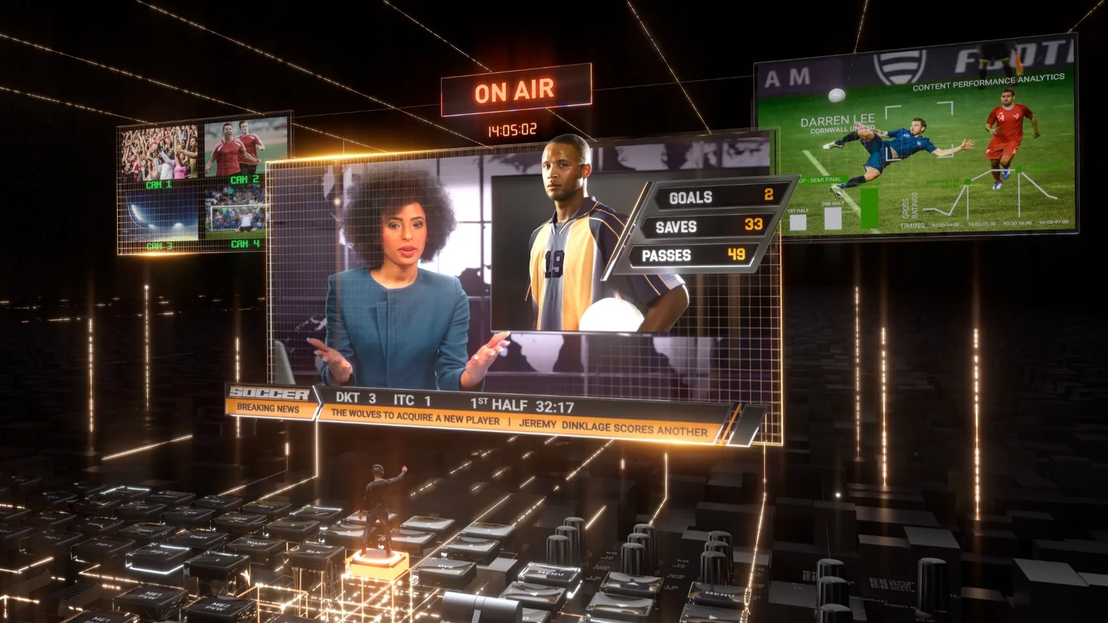 Official NVIDIA Holoscan for Media artwork showing live broadcast, sports analytics and virtual production screens over