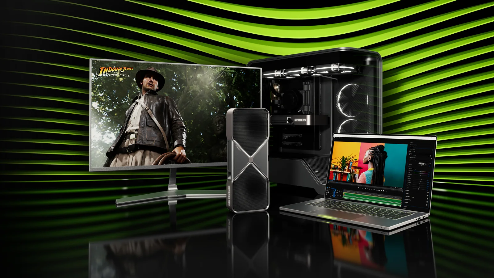 Official NVIDIA Blackwell GeForce RTX 50 Series promotional image showing a desktop GPU, gaming PC, monitor and RTX
