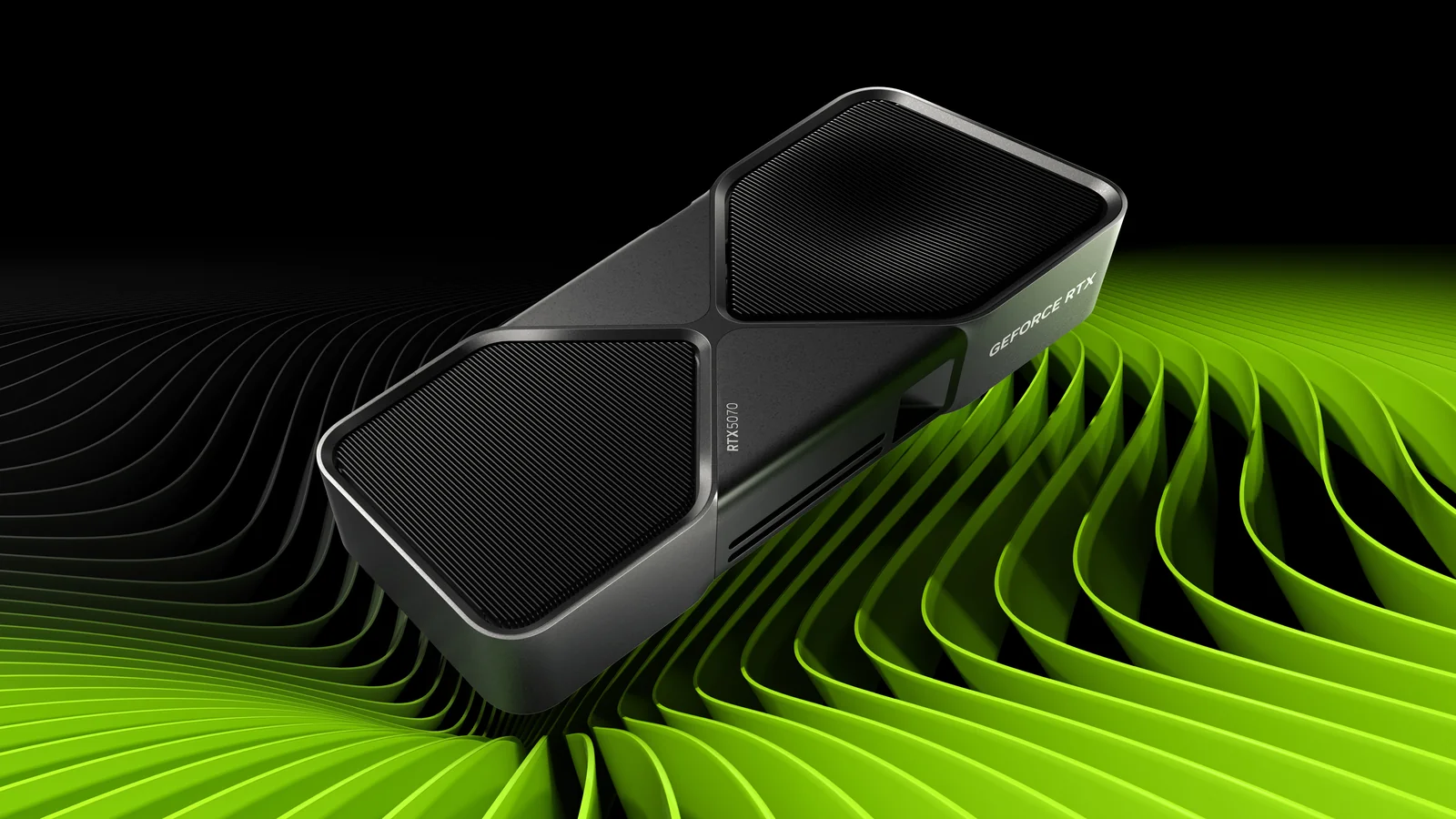 NVIDIA GeForce RTX 5070 Founders Edition angled above a green-and-black NVIDIA background
