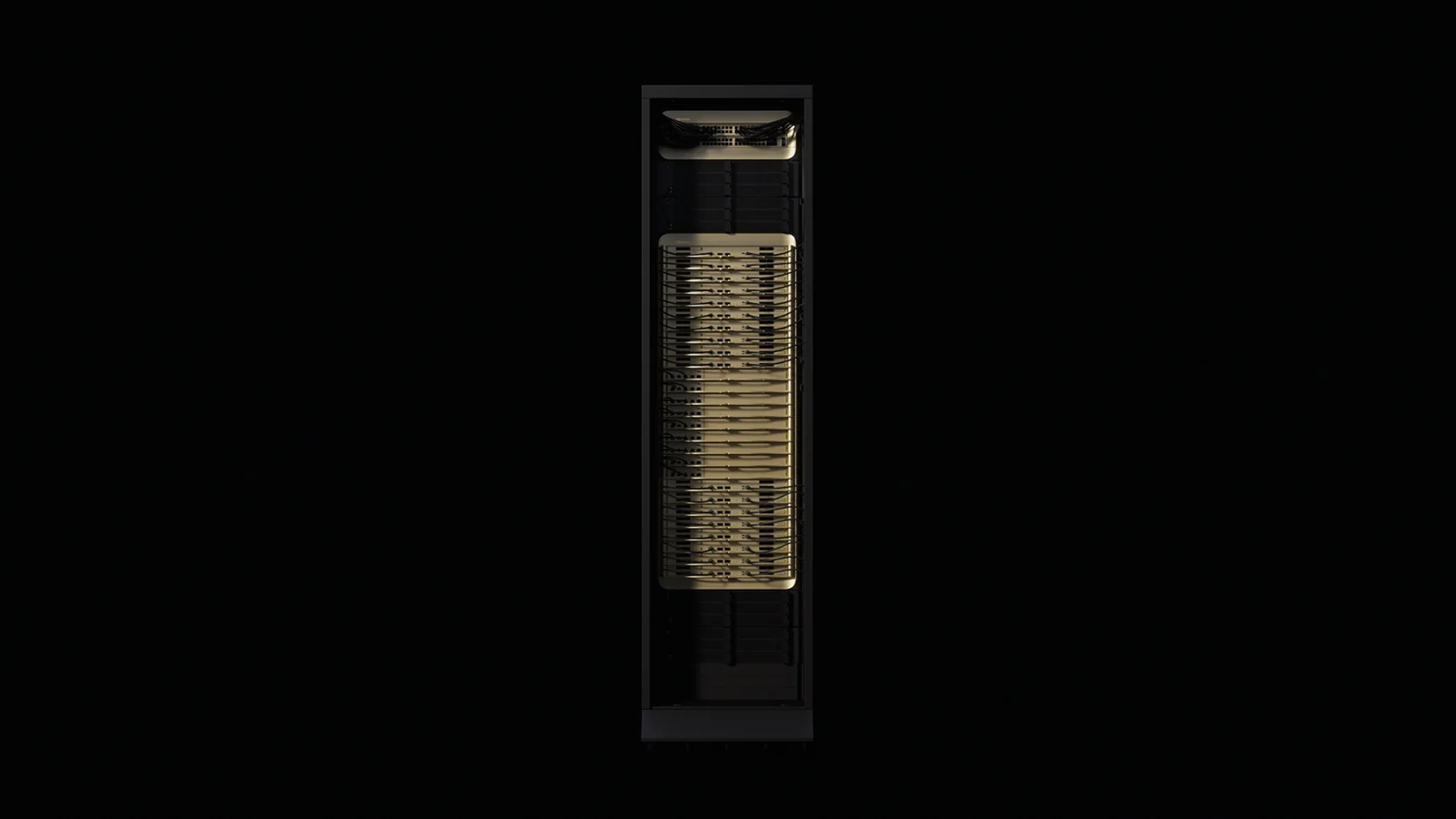 Official NVIDIA Vera Rubin NVL72 rack render shown front-on against a dark background