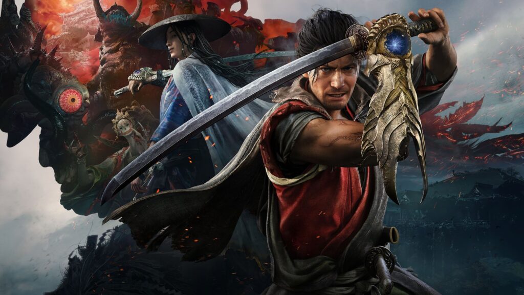 Official Xbox Wire hero image for Onimusha: Way of the Sword showing Miyamoto Musashi in combat-ready stance