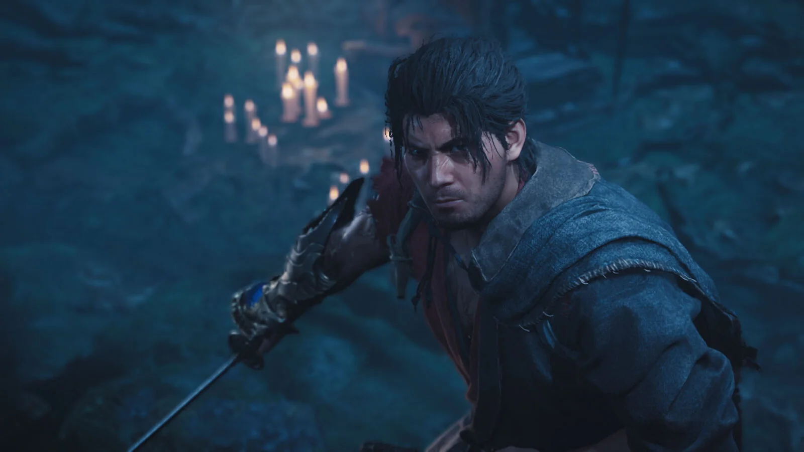 Official Xbox Wire screenshot of Miyamoto Musashi holding his sword in a dark blue-lit environment