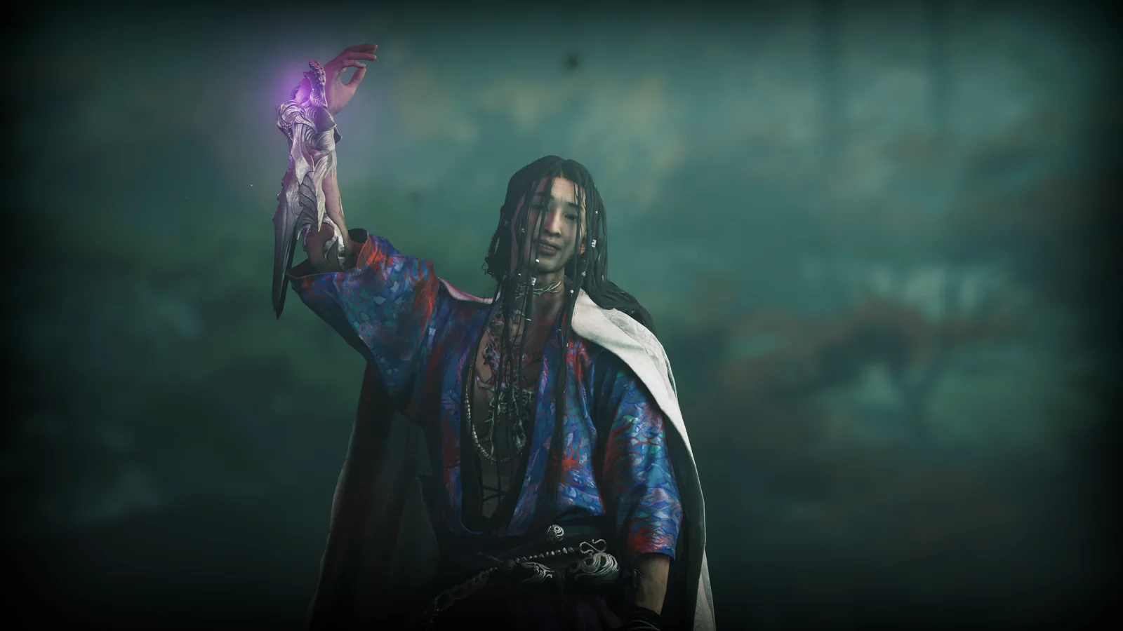 Official Onimusha: Way of the Sword screenshot showing a character wielding an Oni Gauntlet in a supernatural scene