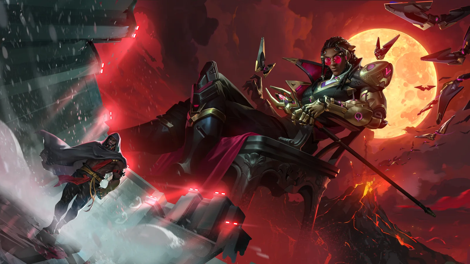 Official Overwatch Season 5 key art featuring Doctrine seated against a red moon with Doomfist in the background