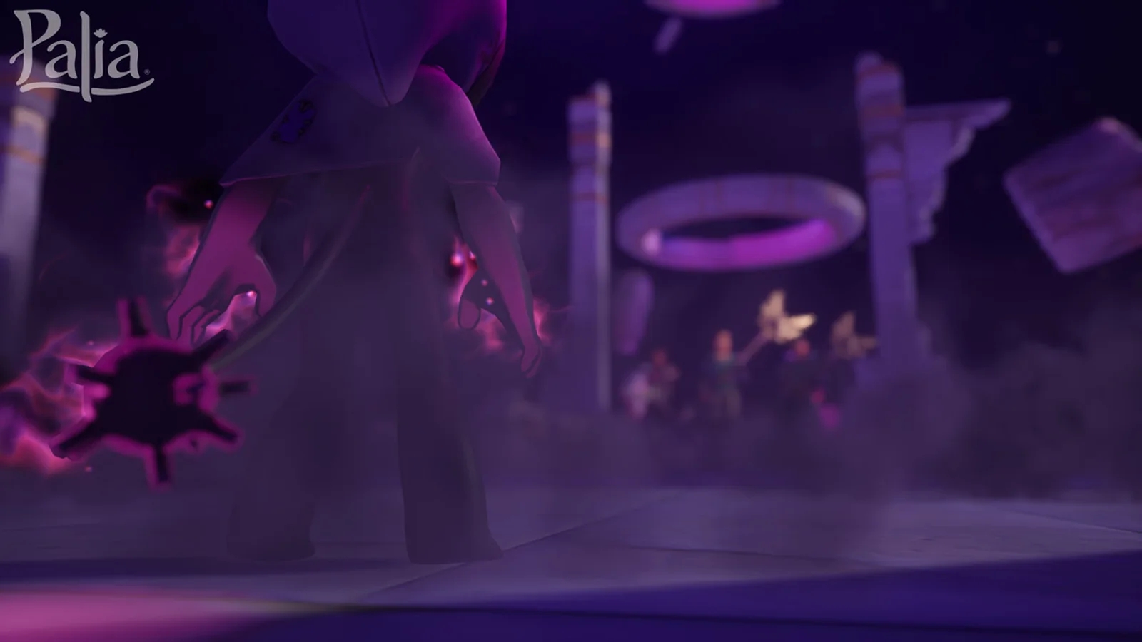 Official Palia Echo Expeditions artwork showing three players entering a dark purple dungeon environment with expedition
