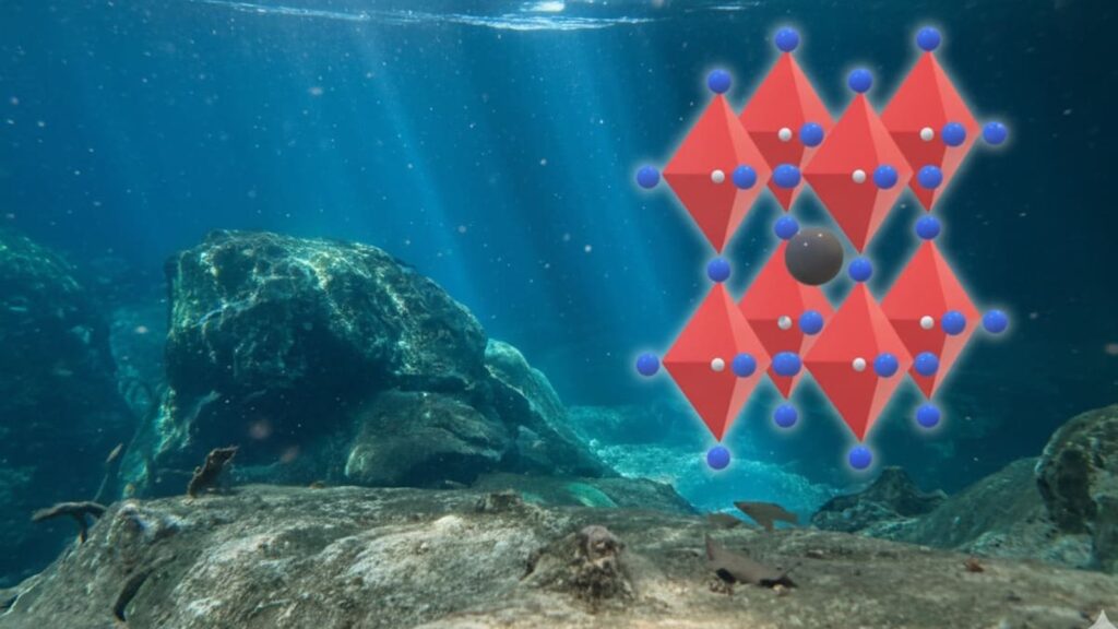 Perovskite Solar Cells Generate Power 10 Meters Underwater Underwater scene paired with a lead-halide perovskite crystal structure to illustrate submerged perovskite photovoltaics