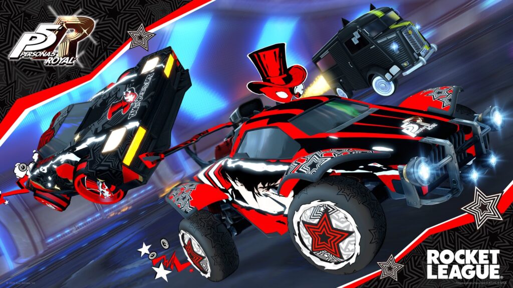 Persona 5 Rocket League Event Starts September 25 Official Persona 5 x Rocket League promotional artwork featuring Persona-themed cars and cosmetics