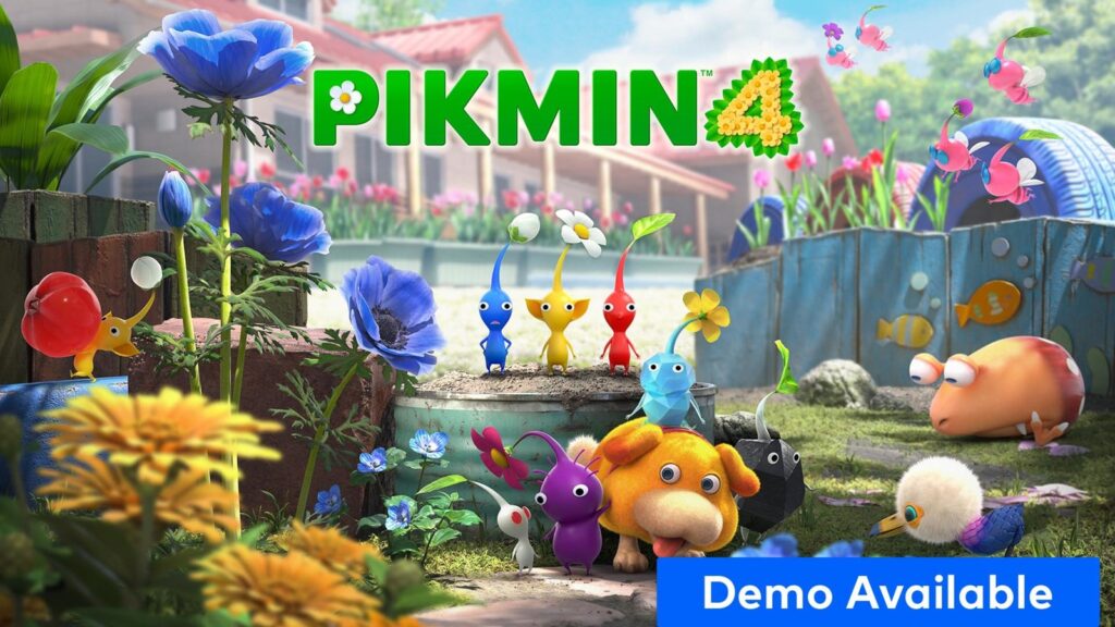 Official Pikmin 4 key artwork showing the Rescue Corps explorer, Oatchi and multiple Pikmin in a garden setting
