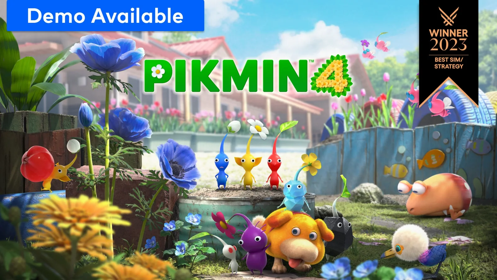 Official Pikmin 4 gameplay image showing an explorer, Oatchi and a squad of Pikmin moving through one of the game’s