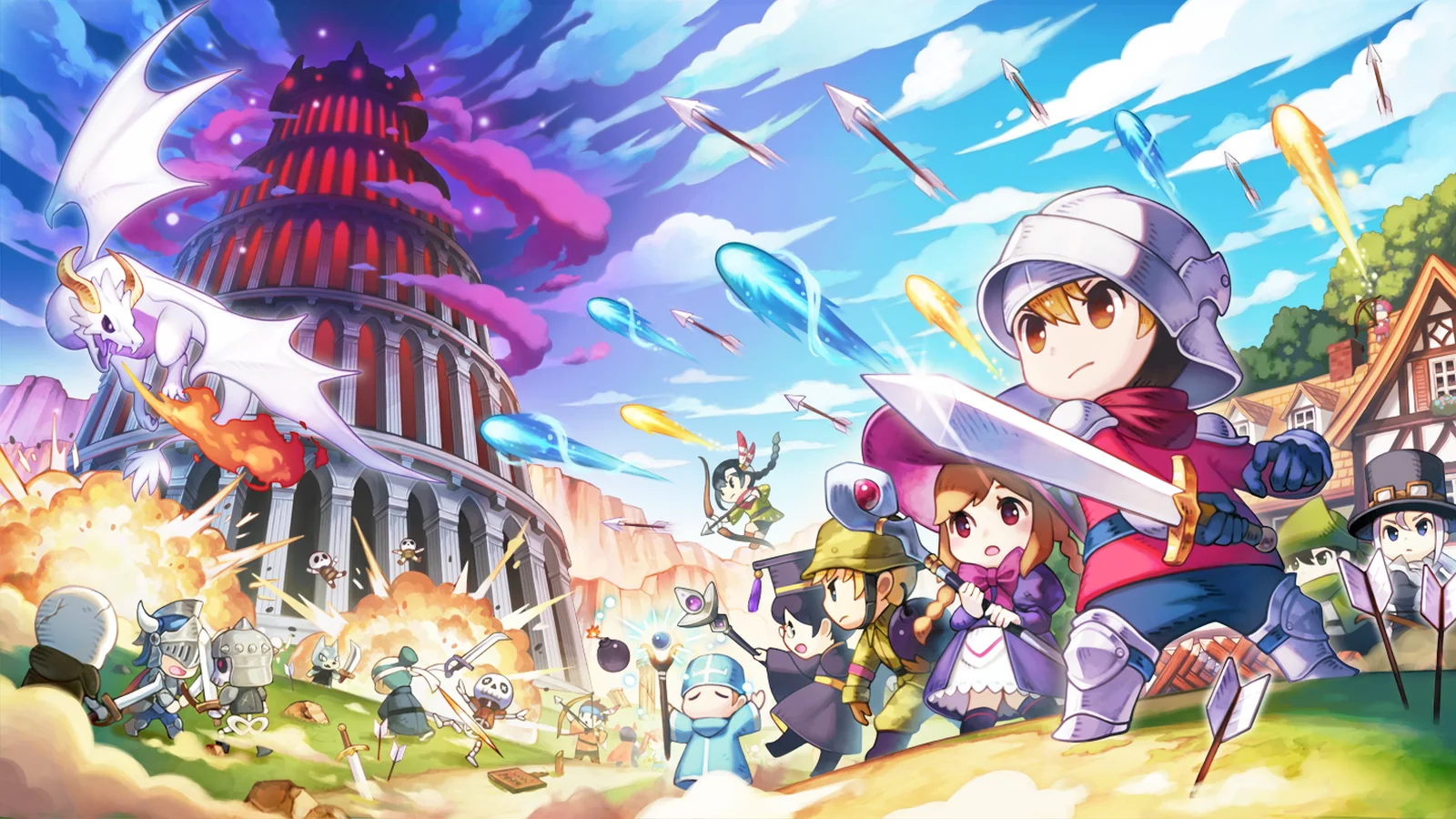 Official PixelHeroScramble Plus key art showing multiple pixel-art heroes and enemies across a colorful fantasy