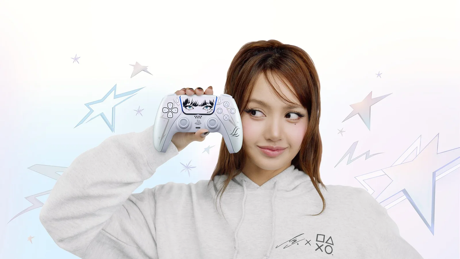Official front-facing product photo of the Lisa Limited Edition DualSense controller on a dark blue background