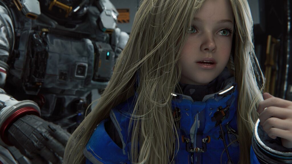 Official PRAGMATA gameplay screenshot showing Hugh and Diana together during combat inside the lunar facility