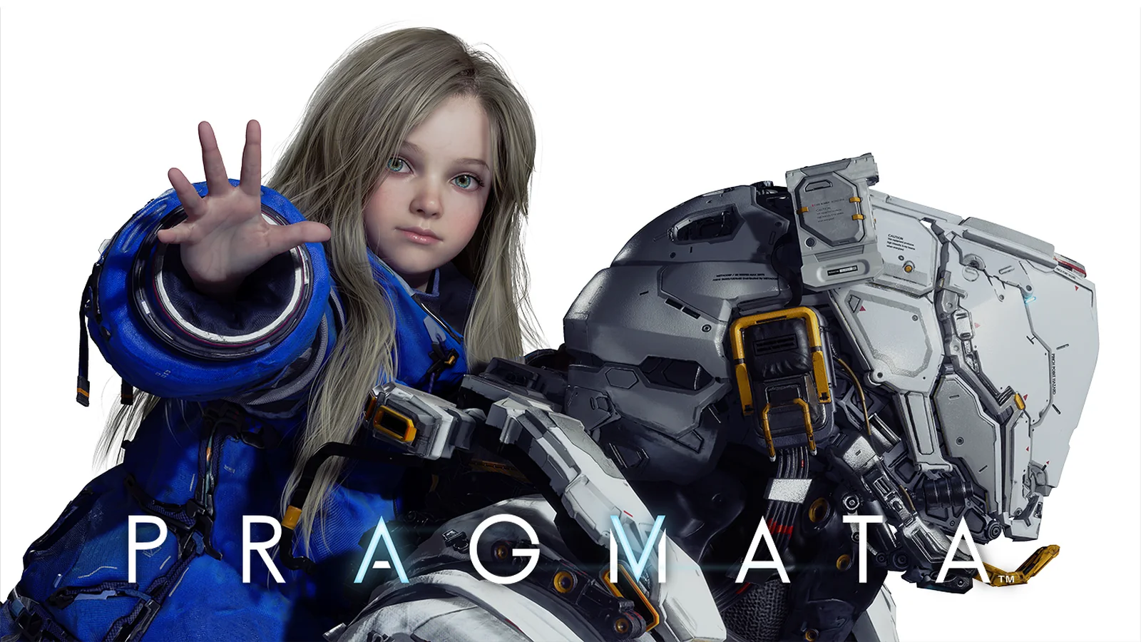 Official PRAGMATA key art featuring Hugh and Diana together against the game's futuristic lunar setting