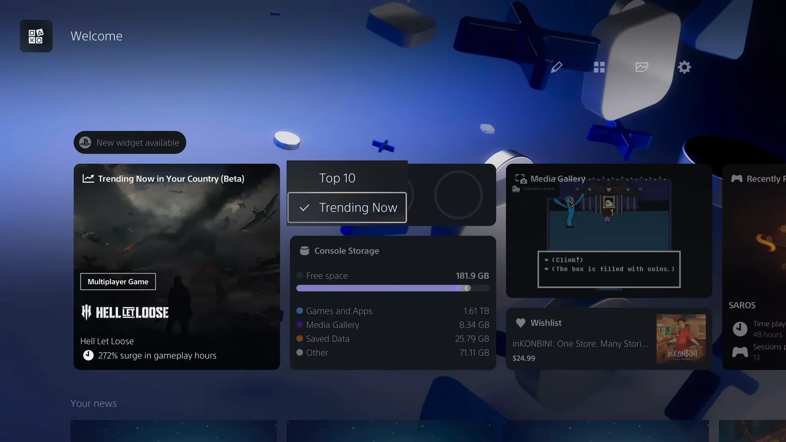 PS5 Welcome Hub screenshot from the earlier beta showing the Community Activity widget with Top 10 and Trending Now