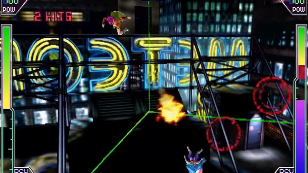 Psychic Force 2012 Dreamcast gameplay screenshot showing Regina and Patty fighting in midair above a neon-lit rooftop