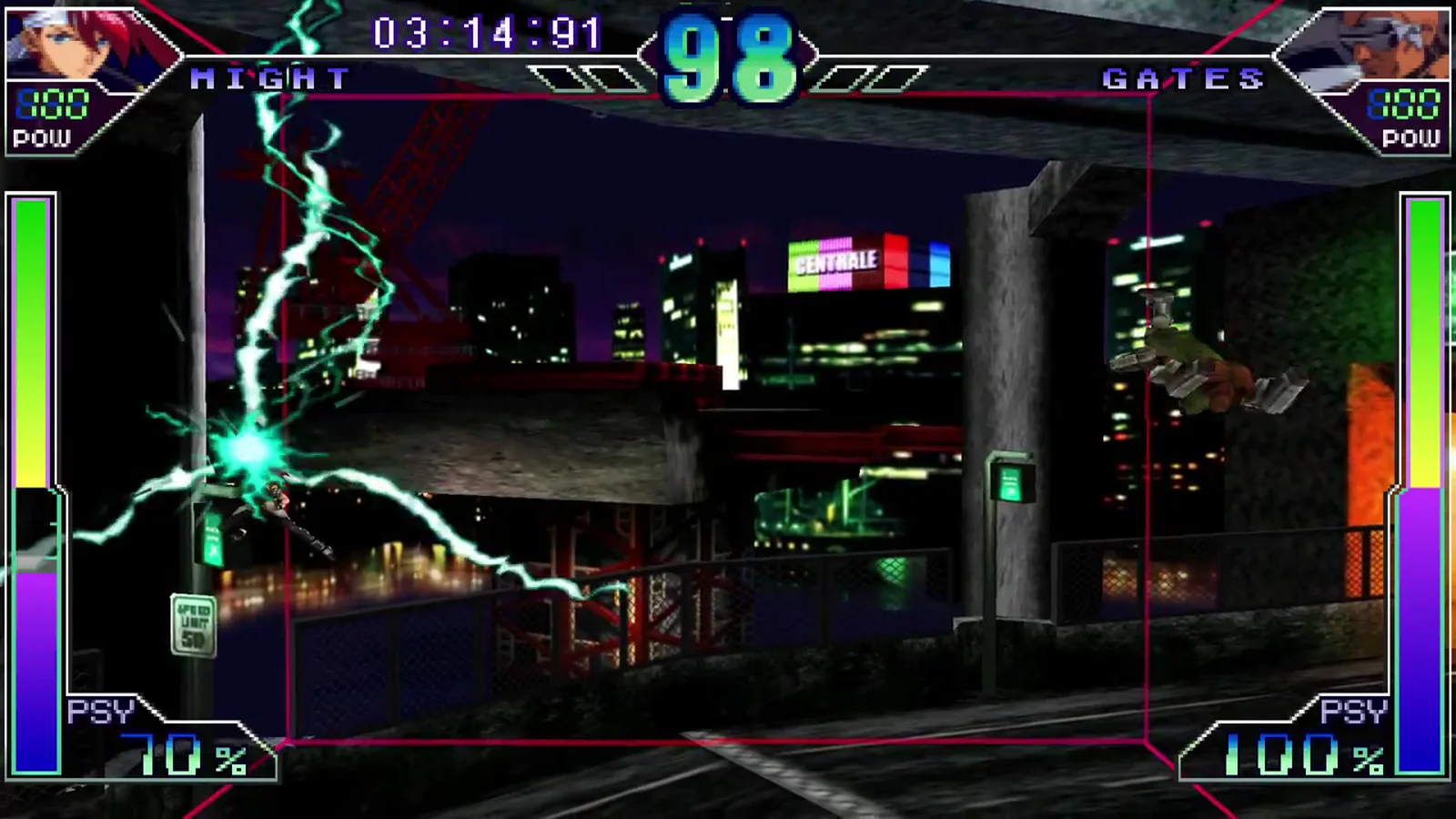 Psychic Force 2012 Dreamcast screenshot showing two fighters battling inside a neon city arena with psychic energy