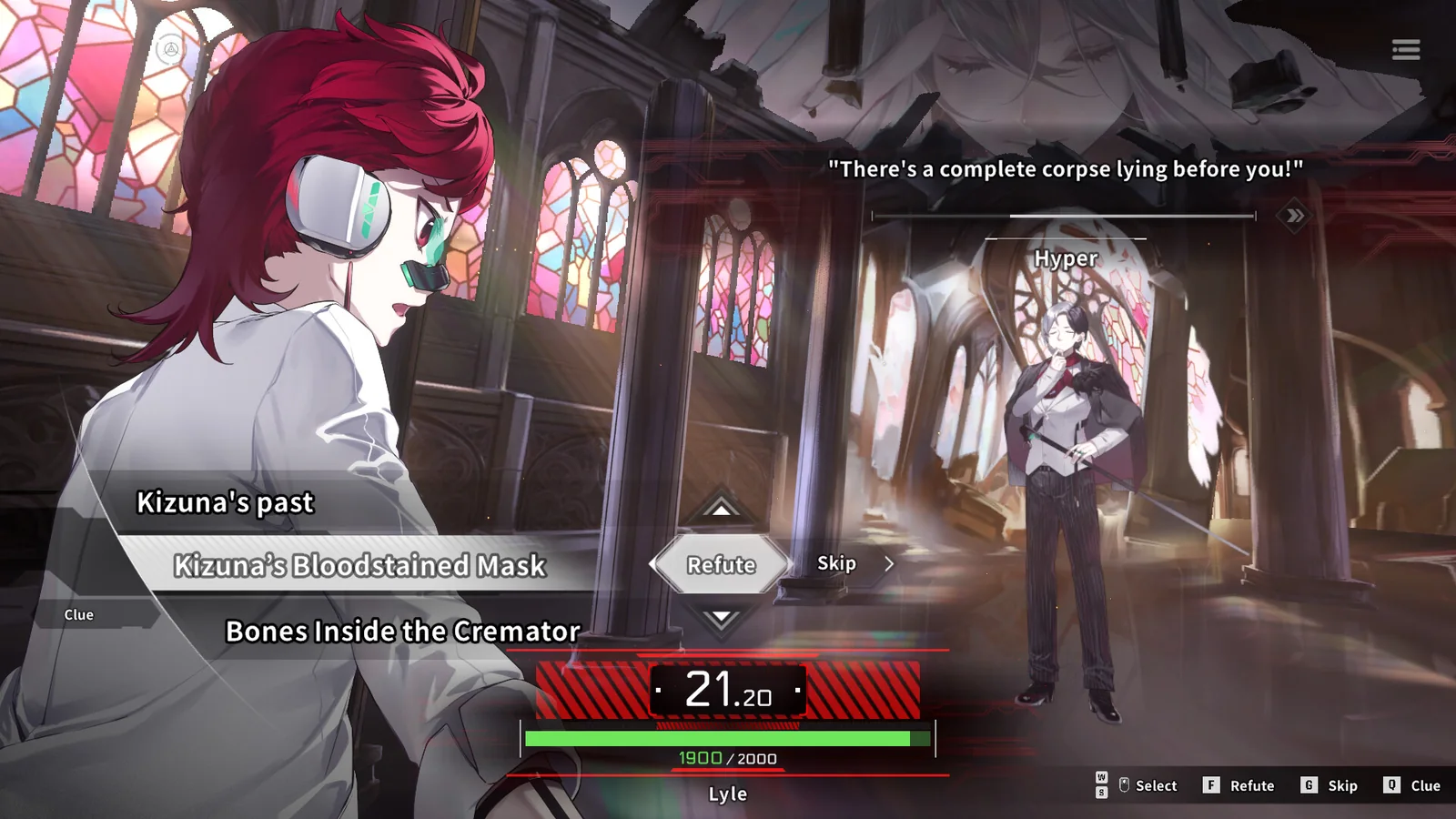 Official Psycho-Sleuth gameplay screenshot showing a timed Debate Mode confrontation inside a stained-glass cathedral