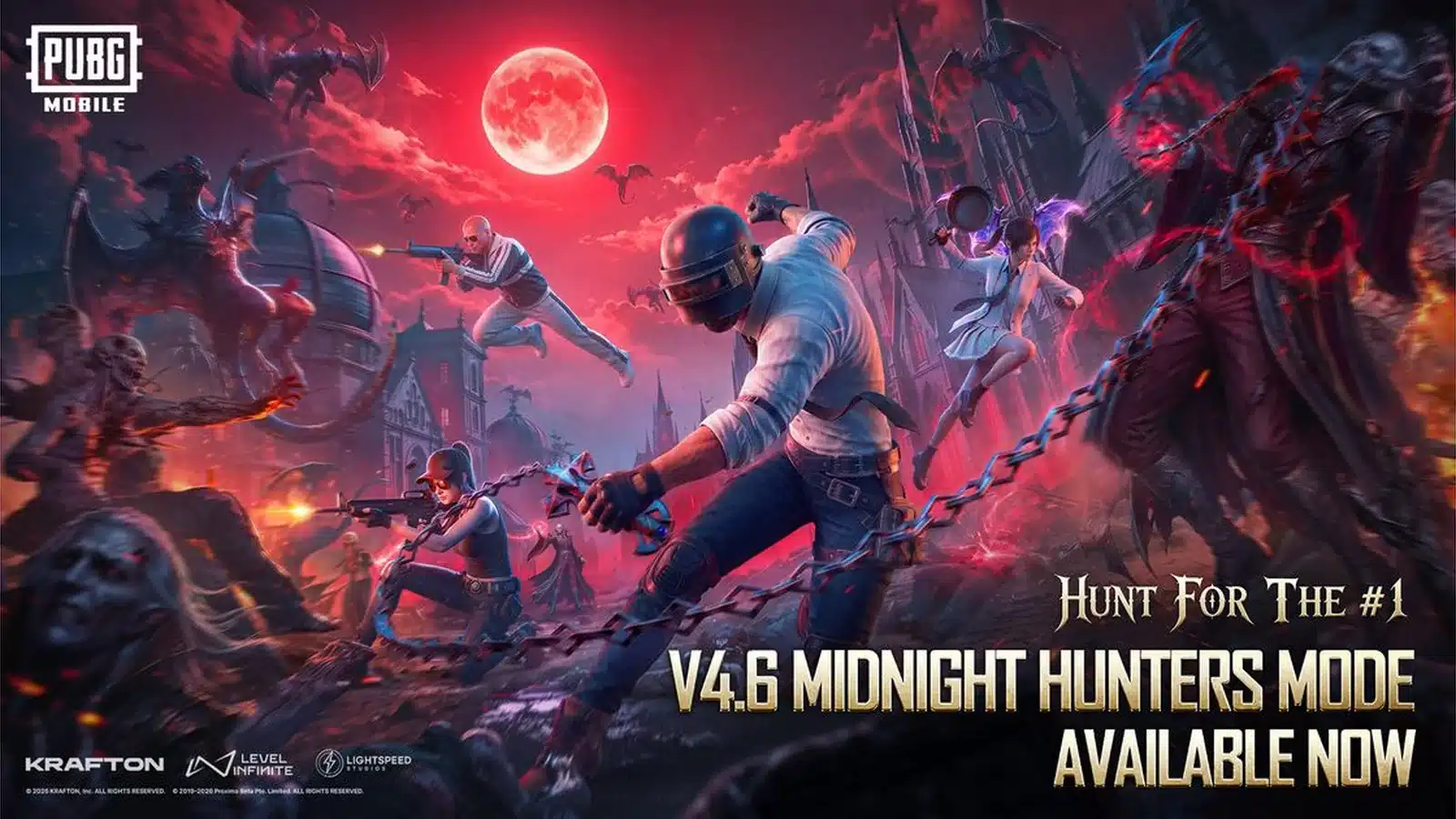 Official PUBG Mobile Version 4.6 promotional artwork for the Midnight Hunters update in a 1920x1080 landscape format