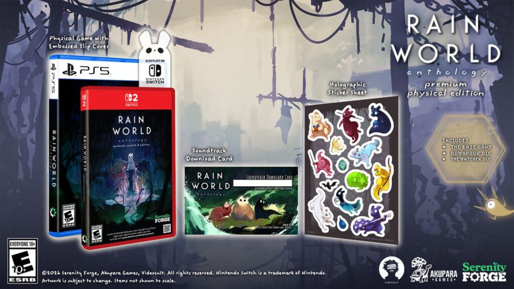 Rain World Anthology Physical Editions Launch February 18, 2027 Official Rain World Anthology Premium Edition product image for Nintendo Switch 2 showing the physical game, embossed