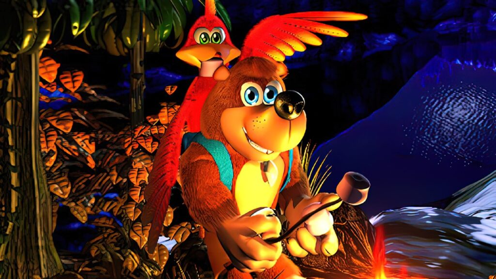 Official Rare screenshot of Banjo and Kazooie flying over Treasure Trove Cove in the original Banjo-Kazooie