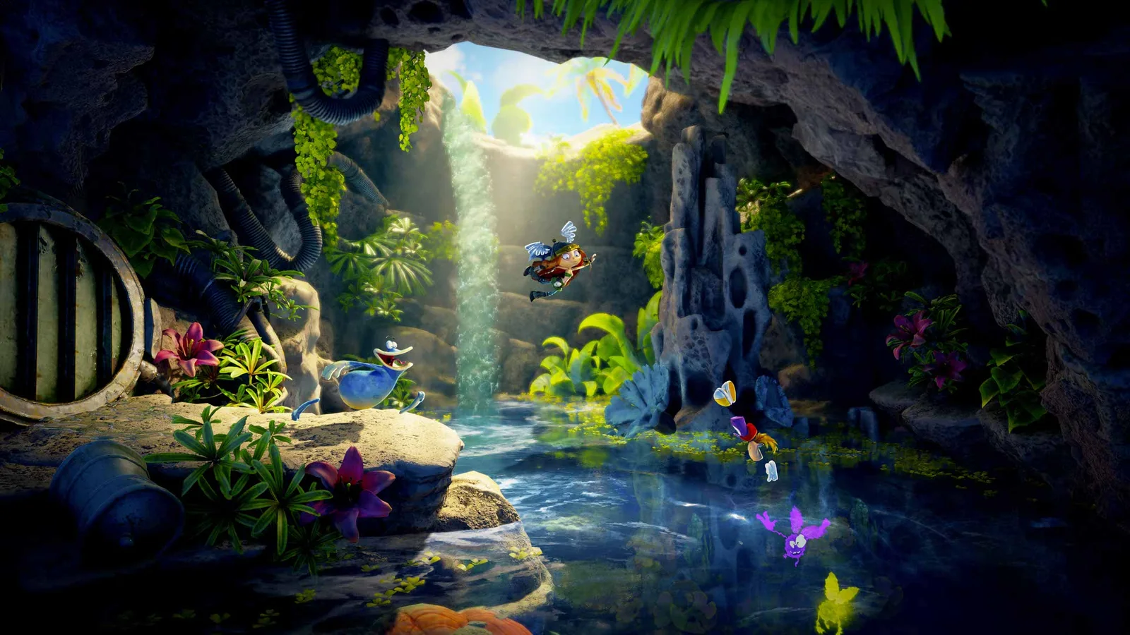 Official gameplay screenshot showing Rayman, Globox and other characters moving through a lush cave environment