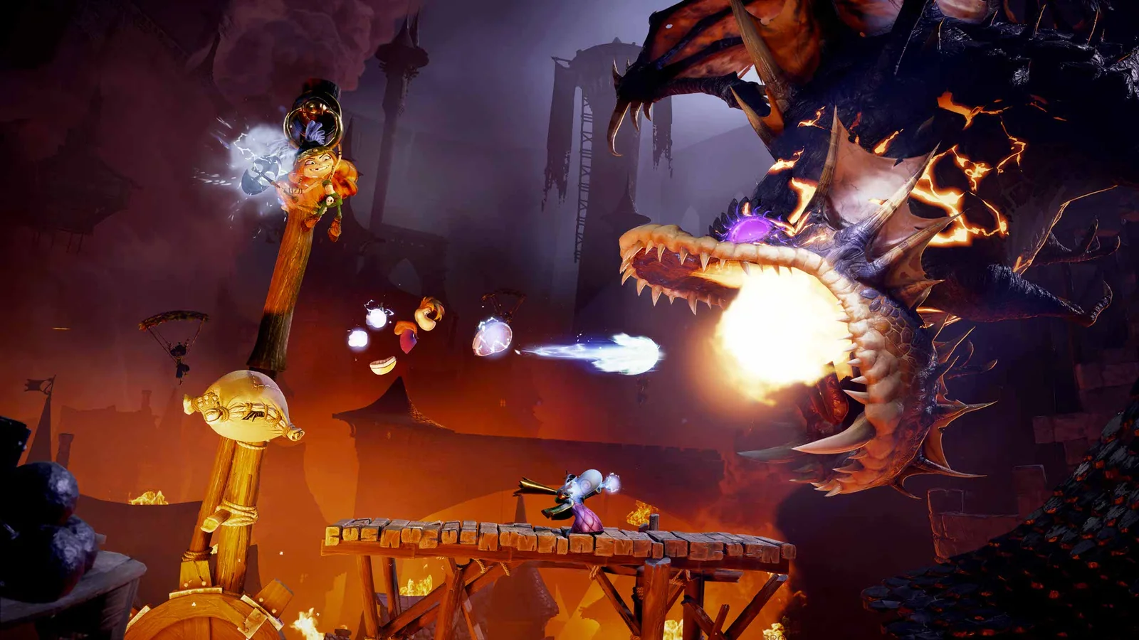 Rayman Legends Retold gameplay screenshot showing the Breathing Fire boss encounter