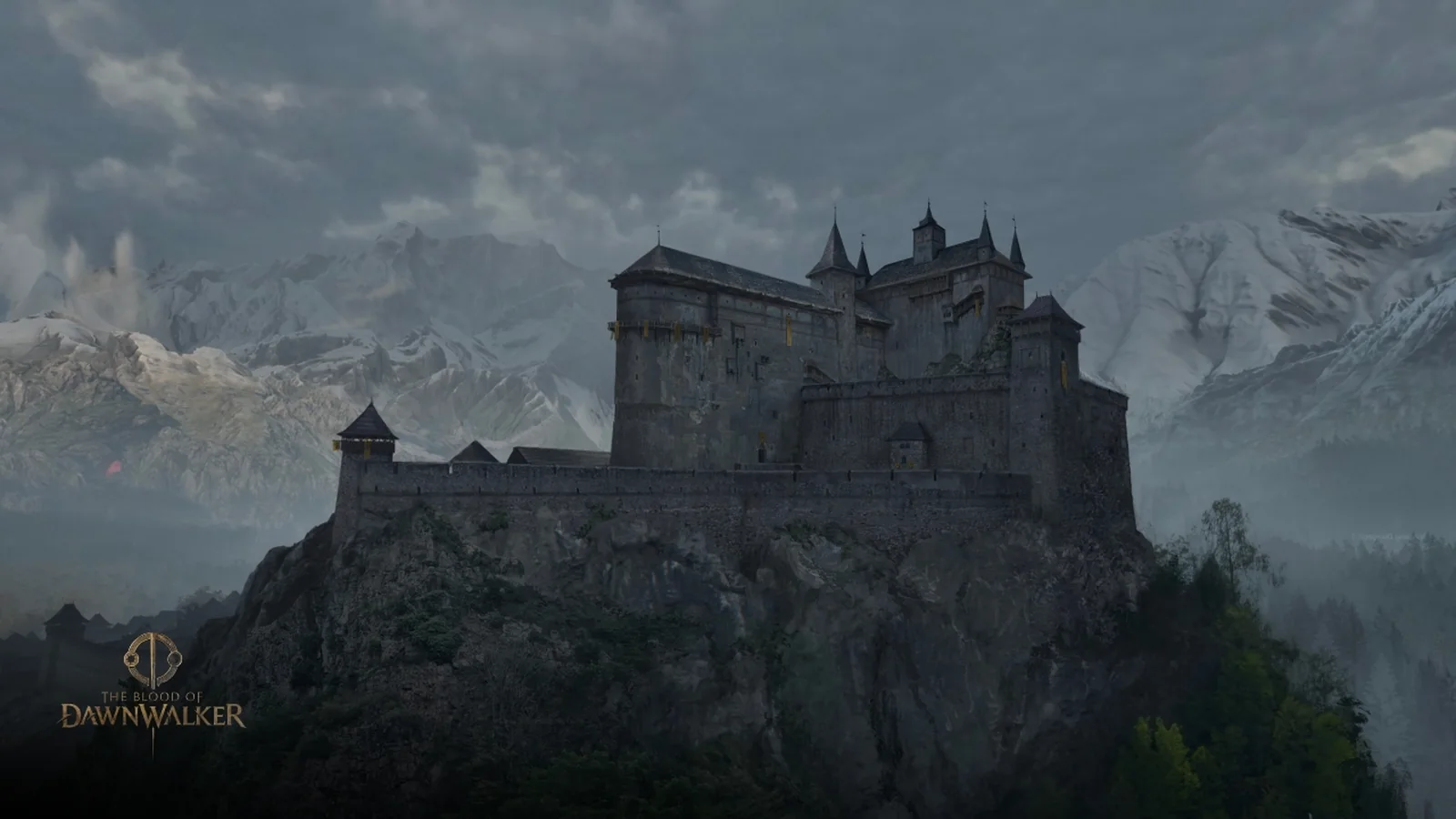 Official wide concept art of Svartrau Castle in Vale Sangora with snowy mountains in the background