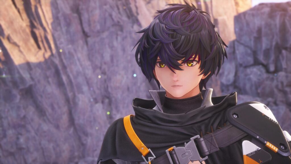 Official Rev. NOiR character image showing protagonist Asch in dark clothing with yellow eyes against a rocky