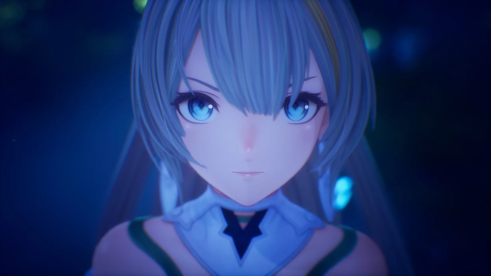 Official Rev. NOiR close-up portrait of Finé with blue hair and blue eyes