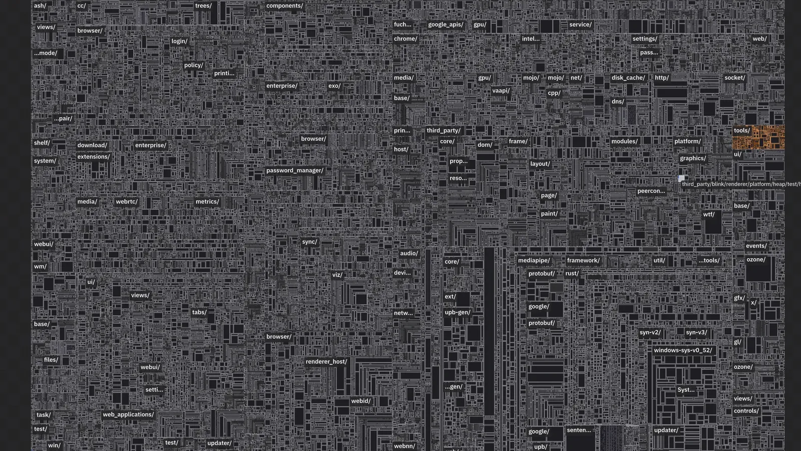 Rik Arends' Chromium experiment showing the enormous browser source tree as a dense monochrome 3D code map
