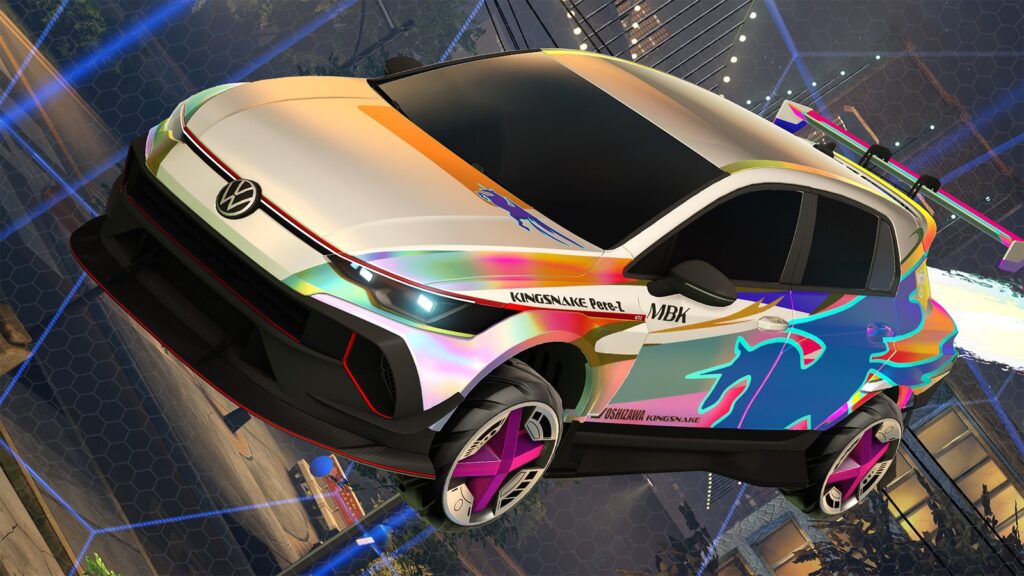 Rocket League Moves Dev Boost to Free Tier 99 After Match Issues Official Rocket League Season 24 image showing the Volkswagen Golf GTI Edition 50 with a bright custom decal