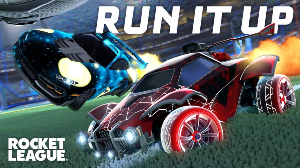 Rocket League Shows Unreal Engine 6 Build With Pro Playtesting Official Rocket League Season 24 Run It Up artwork showing two Octane-style cars competing on the field
