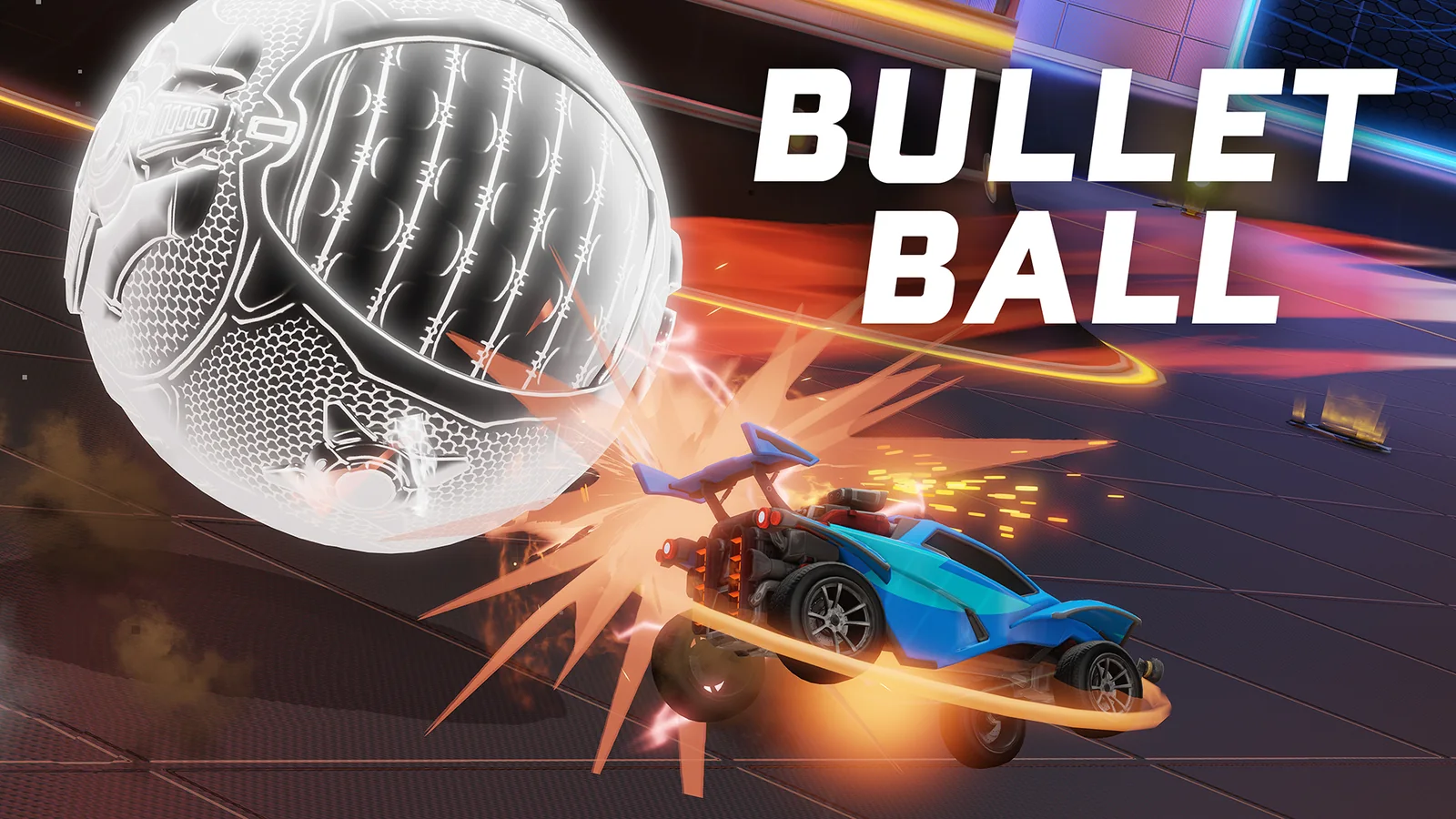 Official Bullet Ball artwork showing a Rocket League car striking a large glowing ball