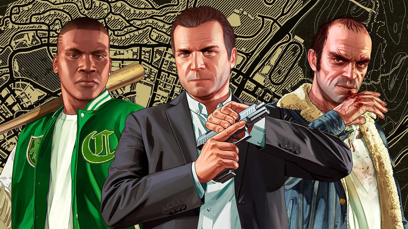 Official Grand Theft Auto V artwork showing a sports car racing through Los Santos