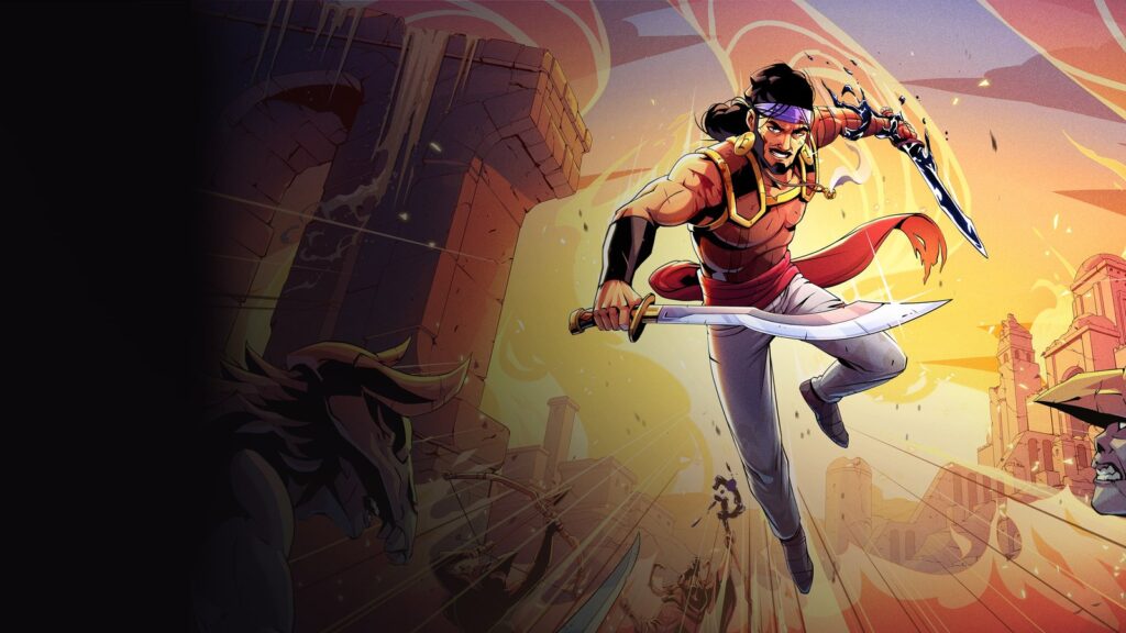 The Rogue Prince of Persia Anniversary Update Is Out Now Official key art showing the Prince leaping forward with two curved blades against a stylized Persian city backdrop