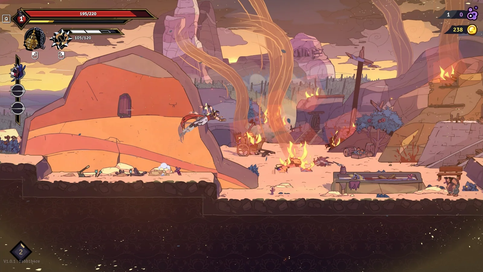Gameplay screenshot showing the Prince performing an acrobatic attack in a desert environment with the game's