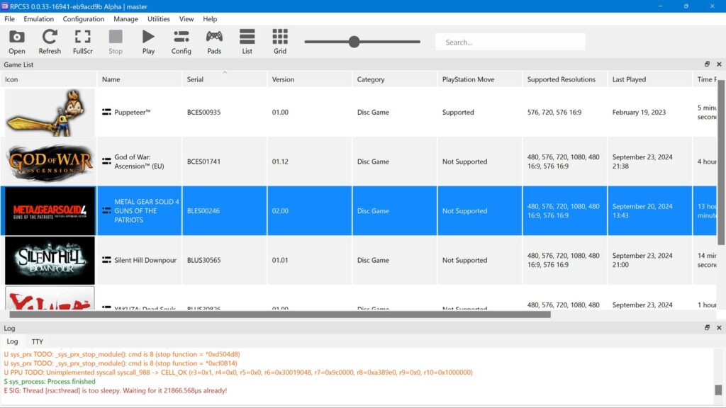 RPCS3 interface screenshot showing a game list with titles including Puppeteer, God of War: Ascension, Metal Gear Solid