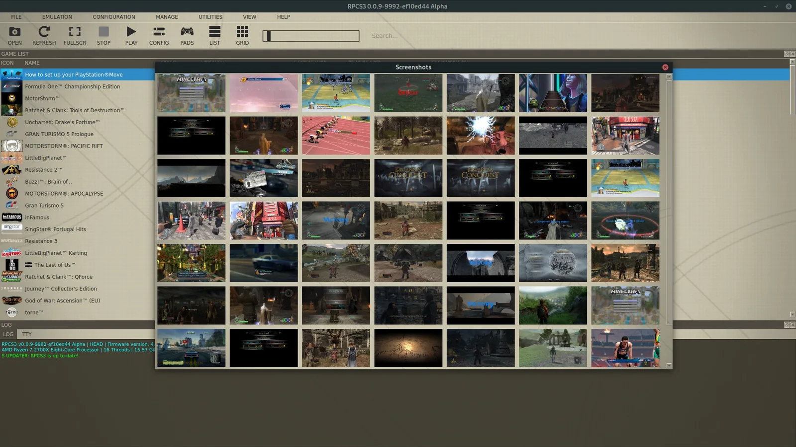 Official RPCS3 interface screenshot showing the emulator’s game library and screenshot manager