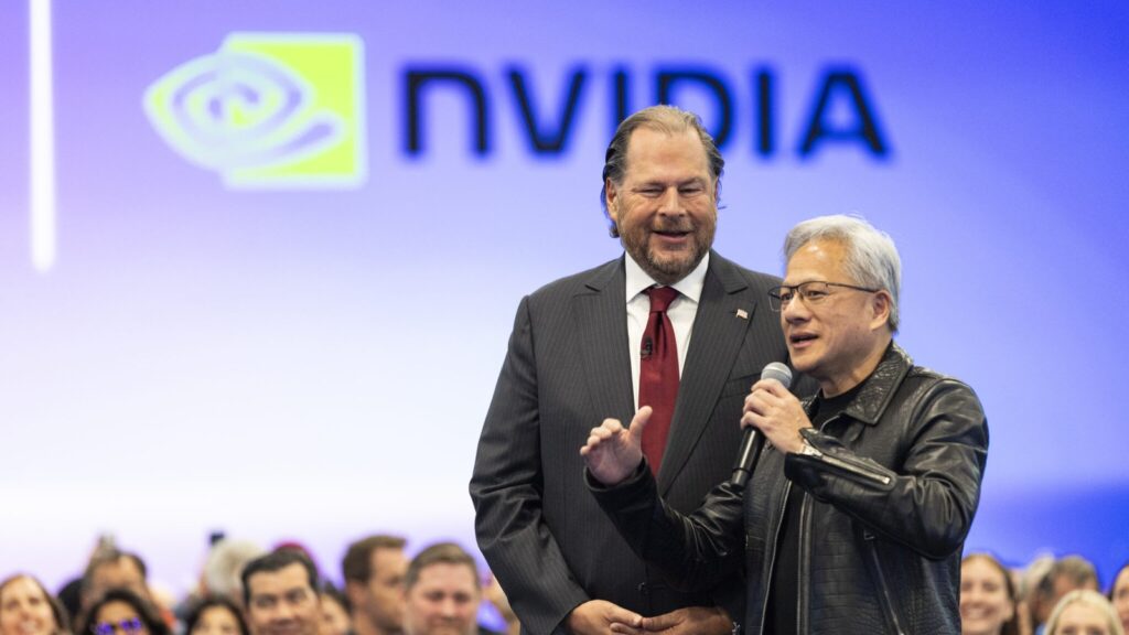 Salesforce Unveils Koa CRM Reasoning Model Built on NVIDIA Nemotron Jensen Huang and Marc Benioff together at Dreamforce 2026 with NVIDIA branding behind them