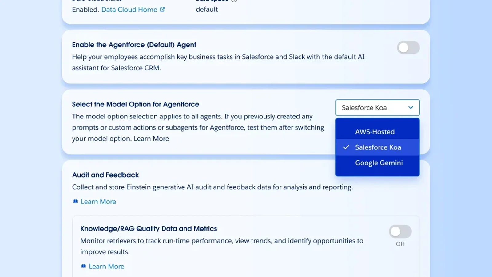Official Salesforce interface showing Salesforce Koa selected as the Agentforce model provider