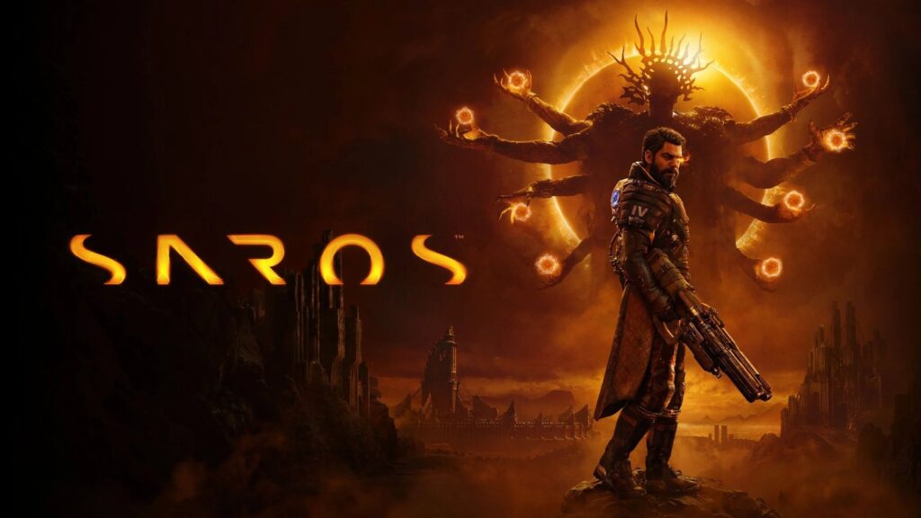 Saros Zenith Update Adds Boss Rush, New Game Plus and More Official Saros key art showing Arjun Devraj armed beneath the game’s ominous eclipse with a large supernatural figure