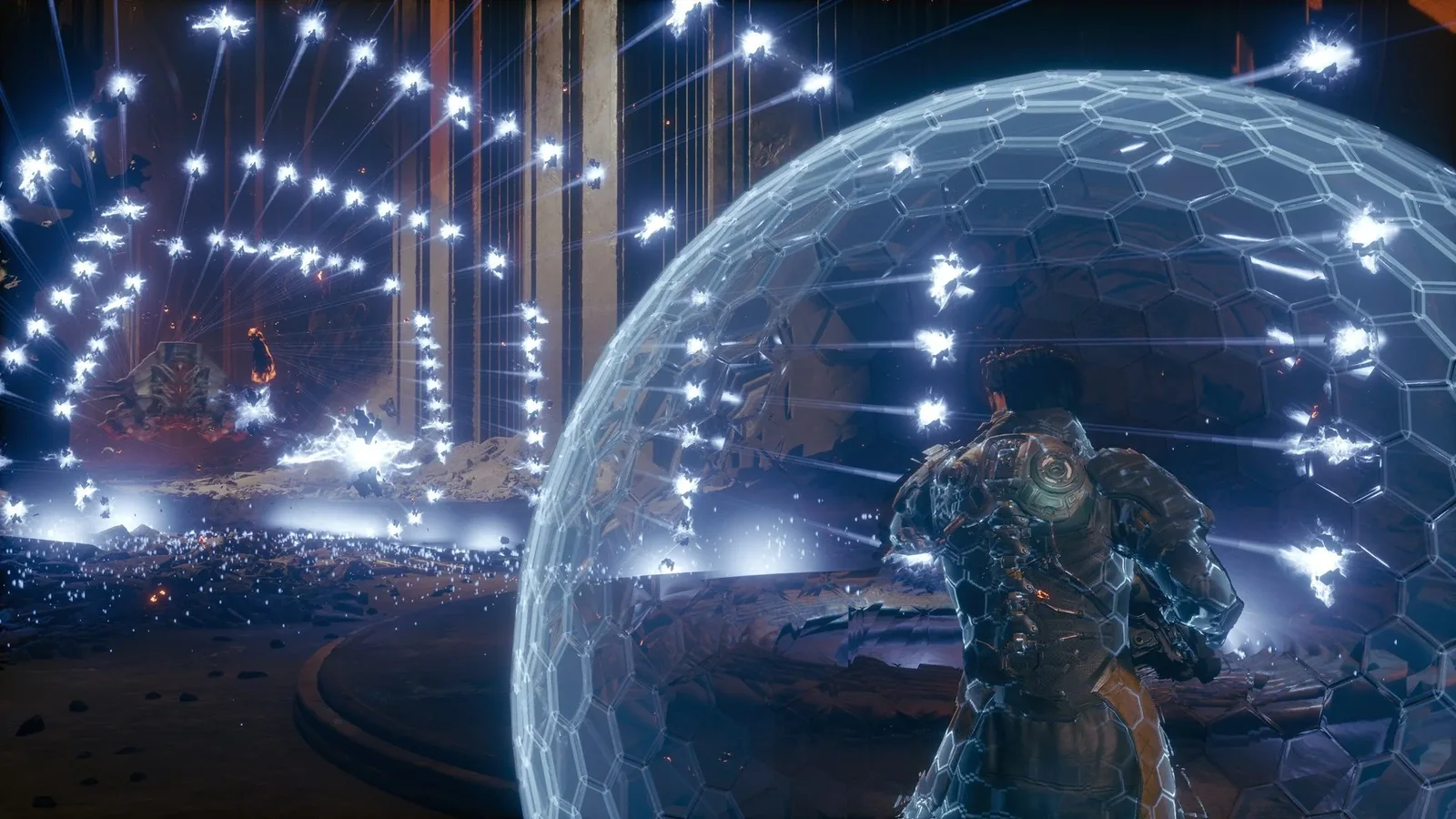 Official Saros gameplay screenshot showing Arjun protected by a large energy shield while surrounded by dense projectile