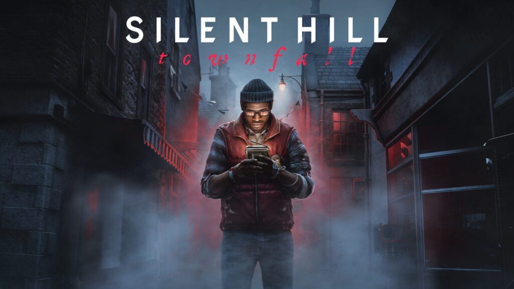 Official Silent Hill: Townfall promotional image showing Simon standing in St. Amelia beneath the game logo