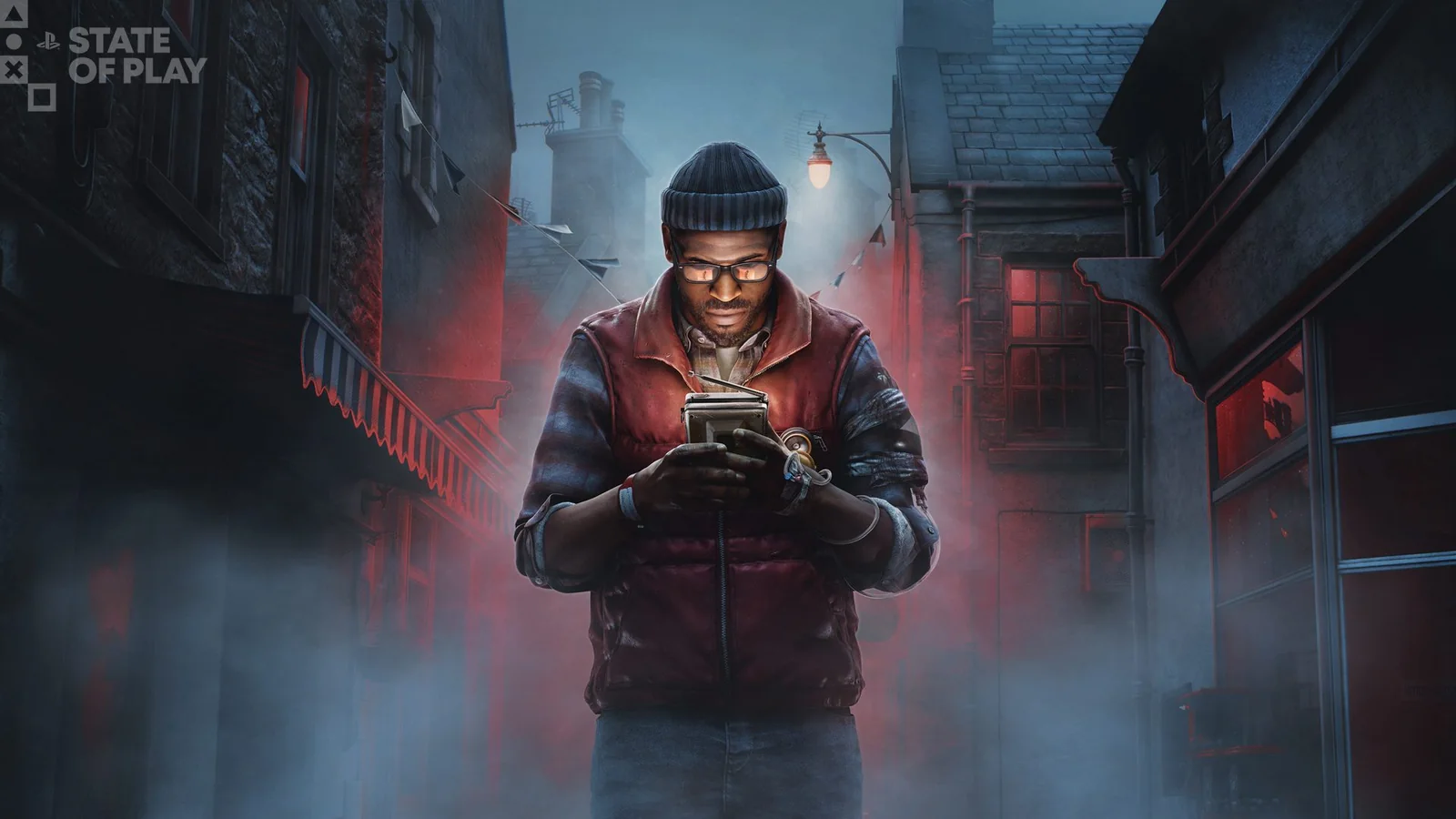 Official Silent Hill: Townfall key art showing protagonist Simon Ordell holding the CRTV in the foggy streets of St