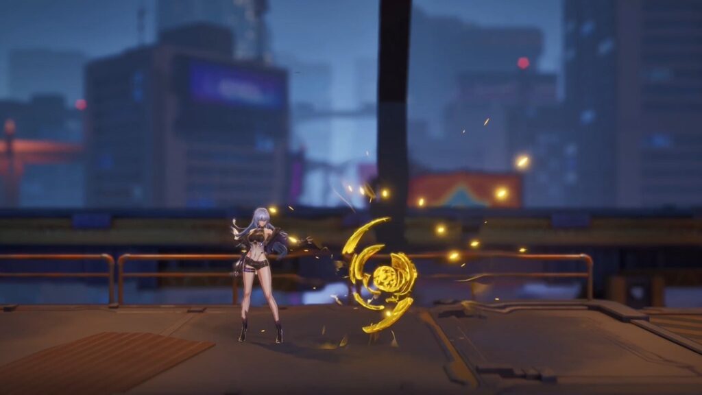 Official SlashZero gameplay image showing a Timehacker standing in a futuristic city environment with a glowing golden